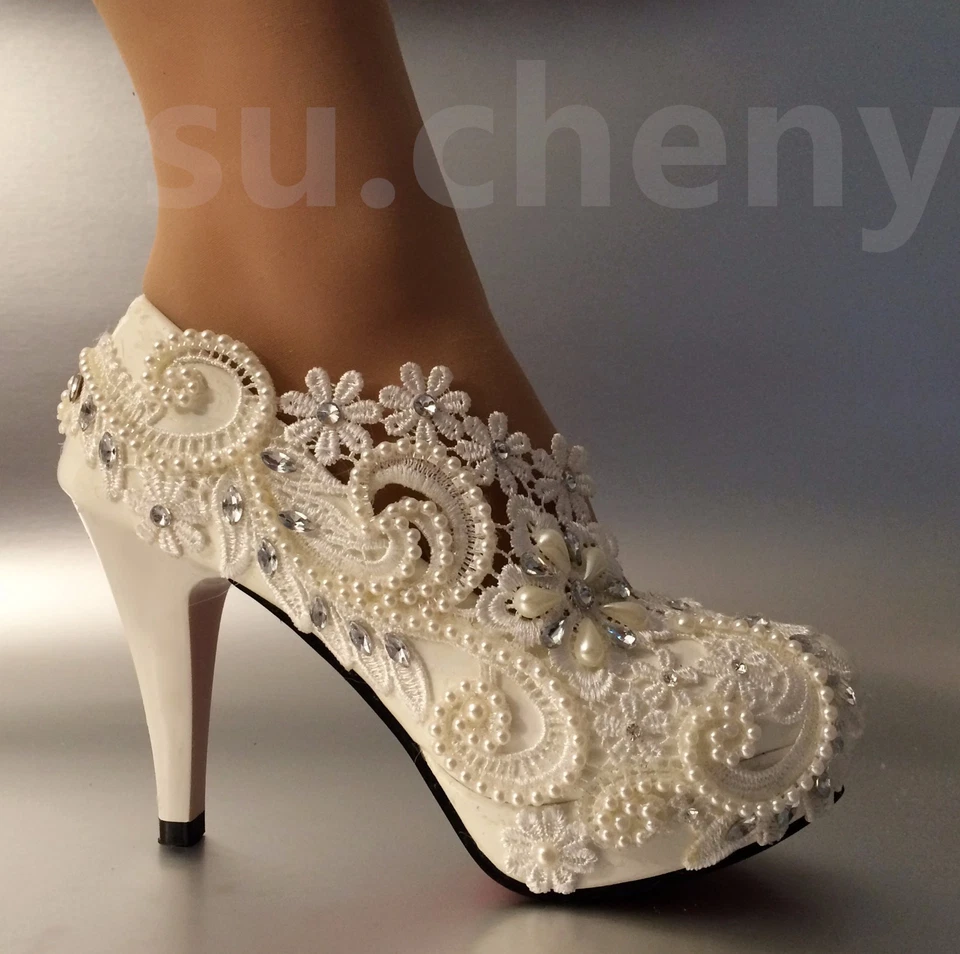 su.cheny 3 «4» каблук белый слоновой кости кружева жемчуг свадебные туфли-лодочки невесты размер 5-11 - Изображение 4 из 4