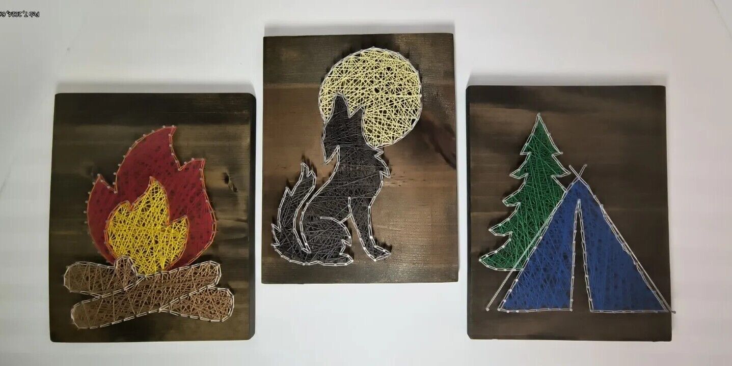 Vtg String Art 3D Set Of 3 Camp Fire Wolf Howling Moon Tent Scouts Retro Country
