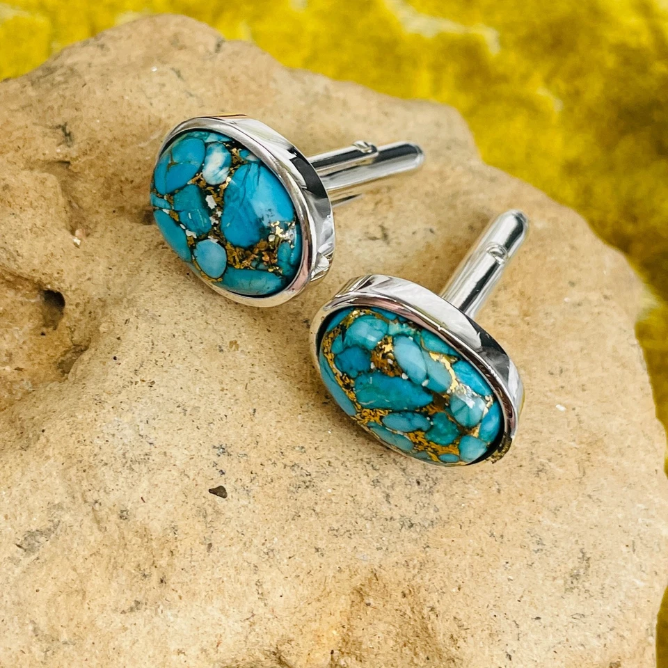 Gemelos de plata de ley 925 con piedras preciosas de cobre turquesa para regalo de novio Foto 4 de 4