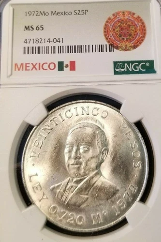 1972 MEXICO SILVER 25 PESOS BENITO JUAREZ NGC MS 65 MONSTER GEM BU BLAZER !!!