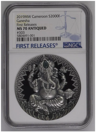 NGC MS70 FR 2019 Cameroon World Cultures -Ganesha 2 oz Silver Antique Coin