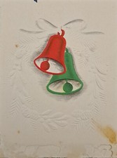 Christmas Card Vintage Volland Red Green Bells White Bow Pine Embossed 4x3