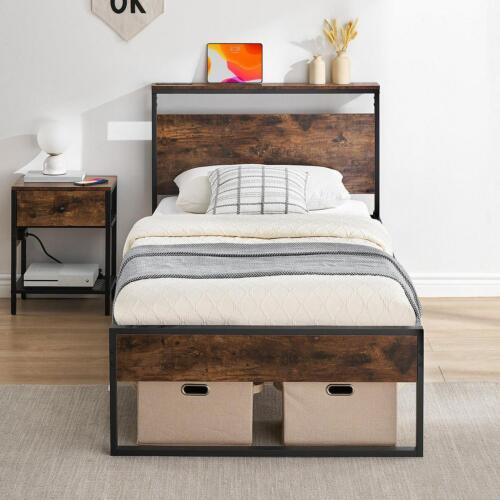 14" Twin Bed Frame with Headboard , Power Outlets Platform Beds for Bedroom, - Picture 2 of 7