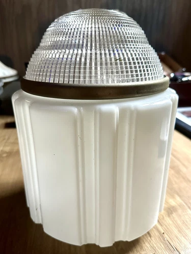 Nice Large Antique Deco Lamp Hanging Milk Glass W/ Holophane Dome Shade Clean