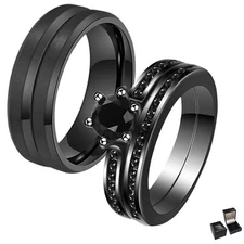 2PCS His and Hers Wedding Ring Set Black Stainless Steel Couple Band Men Women