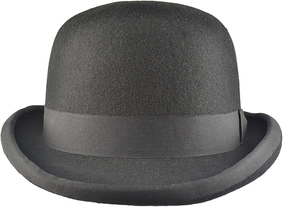 Maz 100% Wool Felt Derby/Bowler Hat - Classic Black With Feather & Pearl Accent