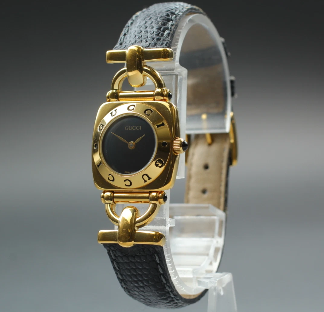 Orologio da donna Gucci Horsebit 6300L quadrante nero oro quarzo quasi come nuovo vintage GIAPPONE