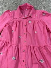 Hot Pink Embroidery Floral Daisy Printed Collared Button-Up Long Sleeve Dress Sm