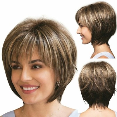 Damen Wig Kurz Glatte Perücke Bob Mode Natürliche Perücken Volle Haar Cosplay DE