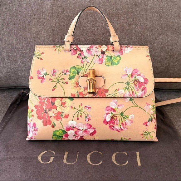 【美品】グッチ GGブルームス セカンドバッグ ハンドバッグ 花柄 ピンク Gucci authentic top handle bag blooms pattern pink leather medium