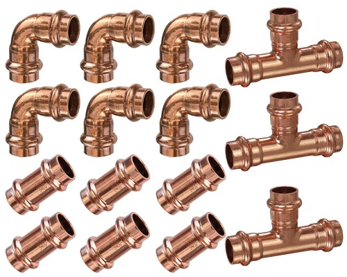 1/2 Copper Press Fittings Kit 15pc 6pk Coupling 90 Elbow Tee Fittings Copper