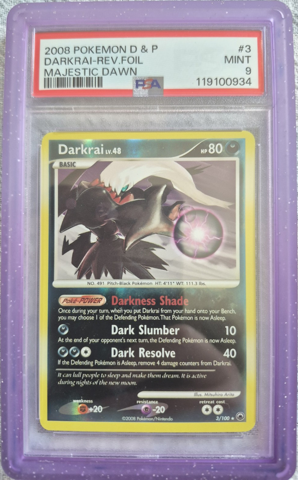 Pokémon Darkrai Reverse Holo Rare Majestic Dawn PSA 9 #3/100 2008 English