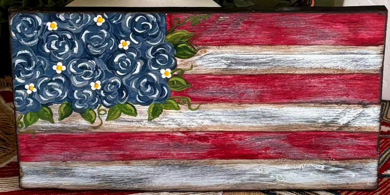 *~* HAND PAINTED FLAG *~* FLOWERS *~* AMERICANA *~* RECLAIMED WOOD
