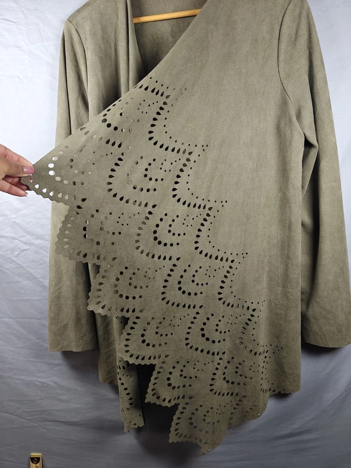 Suéter Alberto Makali Mujer Oliva Imitación Gamuza Cortina Abierta Cárdigan Envolvente Grande Foto 2 de 4