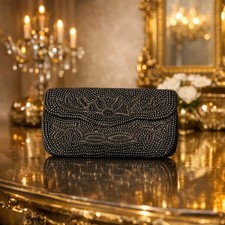 Vintage Black Beaded Evening Clutch Purse Art Deco Floral Design