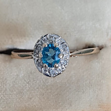 9ct Yellow Gold Oval Blue Topaz Halo Ring Size R 1/2 1.5mm Band Gemstone