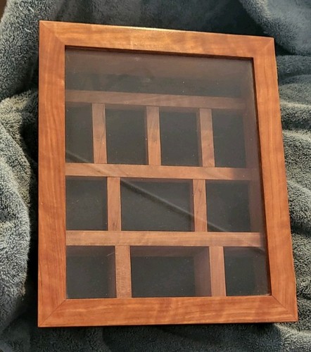 Wooden Shadow Box Collectible Trinket Display Case Glass Door Hinged Lid Shelf