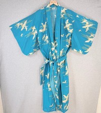 Japanese Cotton Kimono Robe Women's Teal Green Gold Crane Print Size S Belt Tie