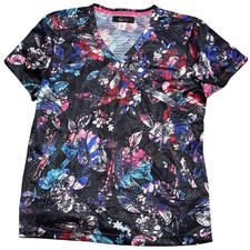 KOI Lite Performance Mesh Floral Bliss Scrub Top Black Pink Medium