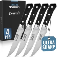 Cutluxe Steak Knives Set of 4, Serrated Steak Knives – Forged High Carbon Ger...