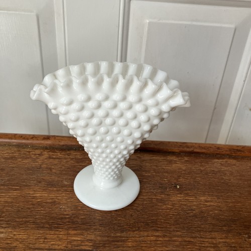 Vtg Fenton White Hobnail Milk Glass Ruffled Edge Fan Vase, 6" tall ...