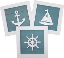Nautical Theme Wall Art Set of 3 - 7X7 Rustic Beach Decor 3D Anchor, Sailboat an