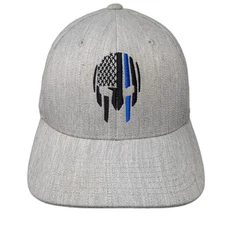 Thin Blue Line Spartan Fitted Baseball Cap Gray XL Patriotic Flexfit Yupoong