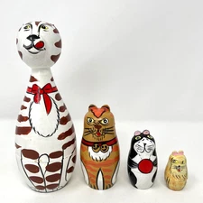 Vintage Russian Matryoshka Wood Nesting Doll Set 4 Dolls Cat Mouse Theme 7" Tall