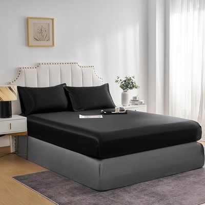JHCHMX Satin Double schwarz Spannbettlaken, tiefe Tasche seidig doppelt, 