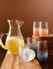Vintage Blendo Frosted Yellow Pitcher and Multicolored 6 Glasses