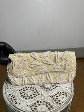Vintage Women s Ivory Beaded Floral Clutch Evening Snap Closure Satin Lining
