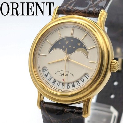 ORIENT Moon Phase Watch H68505-00 Gold Brown Leather From Japan