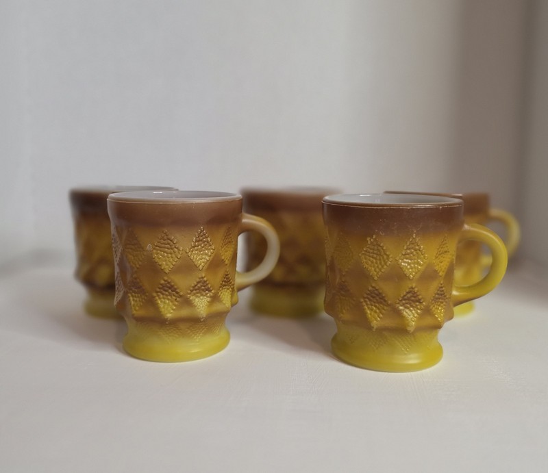 Yellow & Brown Fire King Kimberly Mugs Set of 5 1960s Diamond Pattern Stackable