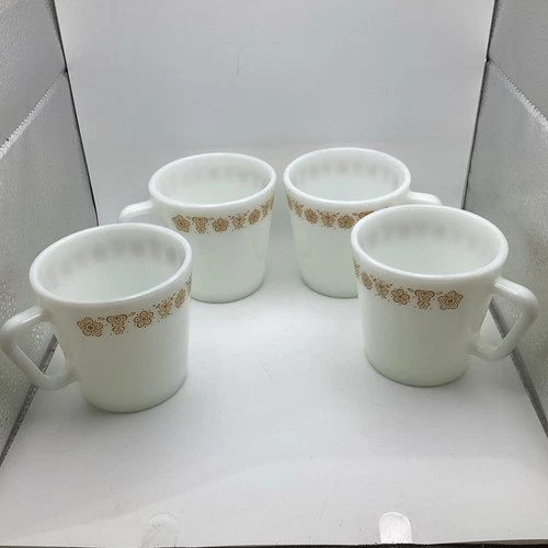 Vintage Set of 4 Pyrex Milk Glass Butterfly Gold Coffee Cup Mug #1410 D Handle