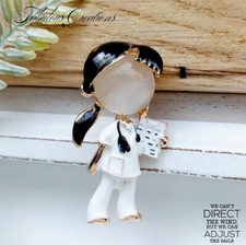 Brunette Doctor Nurse Brooch Vintage Art Deco Look White Enamel Scrubs Pin Gift