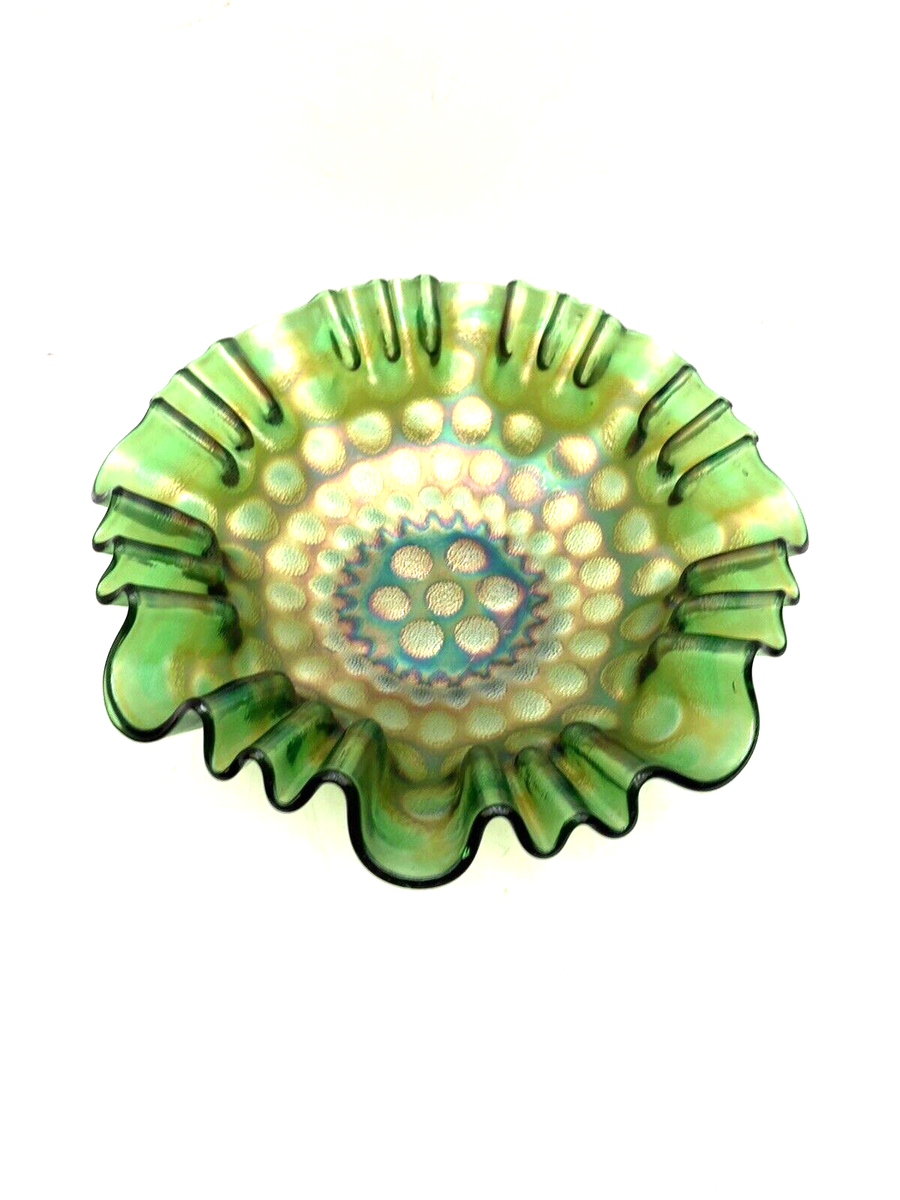Vintage Fenton Coin Dot green carnival glass ruffleled edge bowl 