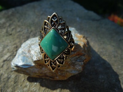 Barse Large Open Fretwork Green Turquoise Bronze Ring Thailand Sz 8 1/2''
