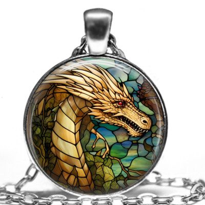 Faux Stained Glass Mythological Dragon Pendant Necklace Fantasy Dragon Love  Gift