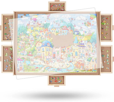 1500 Pieces Rotating Puzzle Board with 6 Drawers and Cover,26''X35''Portable Woode