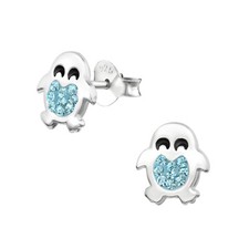 925 Sterling Silver Baby Penguin Crystal Blue Kids Girls Stud Earrings