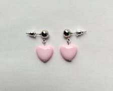 Pink Heart Drop Stud Post Earrings Stainless Steel Handmade Lightweight Simple