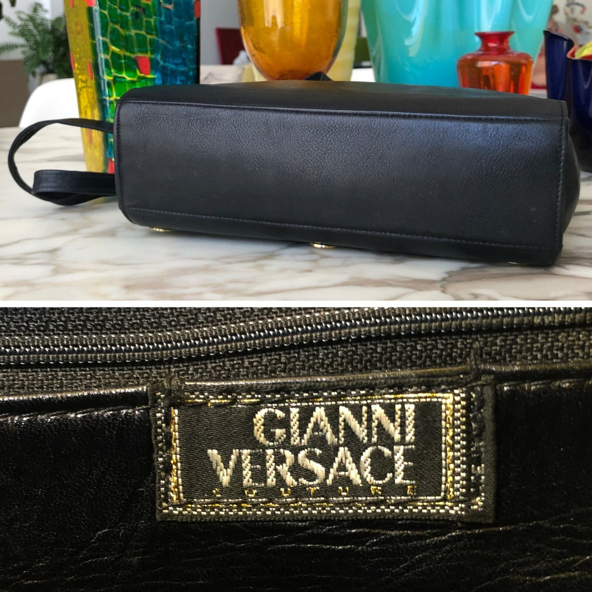 GIANNI VERSACE black leather shoulder bag w/ leather strap