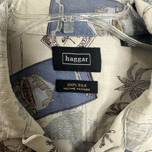 Haggar Button Shirt Mens Large Beige 100% Silk Short Sleeve Island Palm Trees - Picture 5 of 9