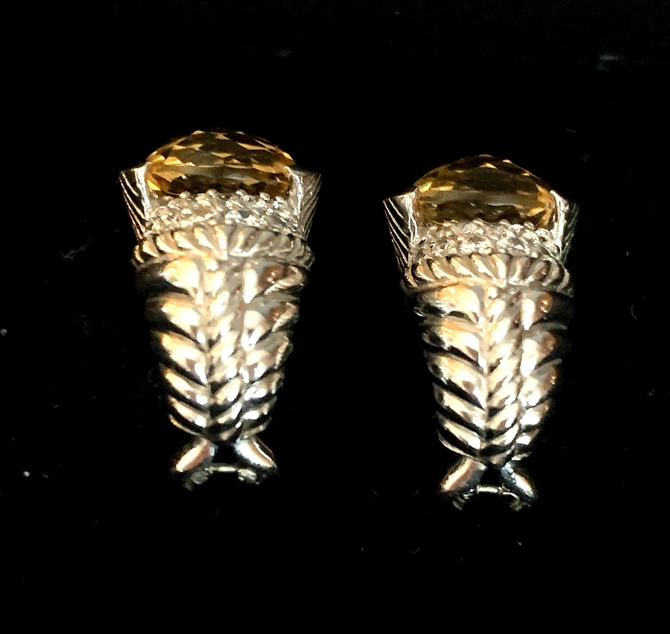 Brincos de prata esterlina 925 Judith Ripka citrino CZ perfurados ômega nas costas - Imagem 2 de 4