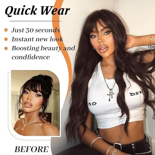 26IN - AISI HAIR BROWN WIG WITH BANGS LONG WAVY SYNTHETIC FOR WOMEN DAILY - Picture 17 of 18