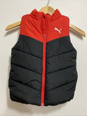 PUMA Boys XS 5-6 Full Zip Puffer Vest Jacket Black Red White Logo Full Zip