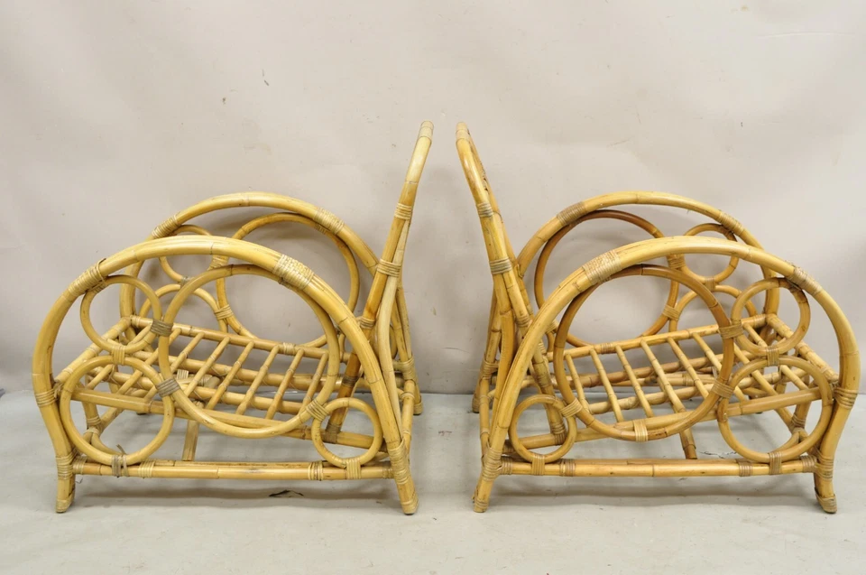 Vintage Hollywood Regency Bent Bamboo Wicker Rattan Pretzel Lounge Chairs - Pair - Image 3 of 4