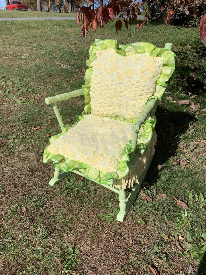 Редкое винтажное детское кресло-качалка лимонный лайм дамасский чехол бахрома 26/16 ❤️sj5m1s - Изображение 2 из 4