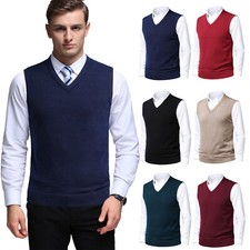Mens Knitted Sweater Autumn Vest Tank Top V-Neck Slim Fit Golf Sleeveless Jumper