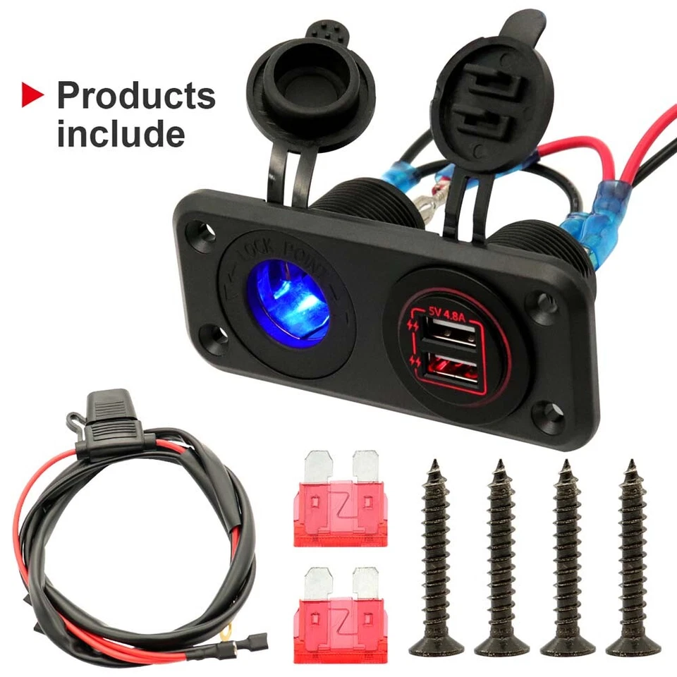 4.8A Dual USB Charger Power Socket +LED Light+ 2 Hole Panel Cars RV Boat - Image 3 of 4